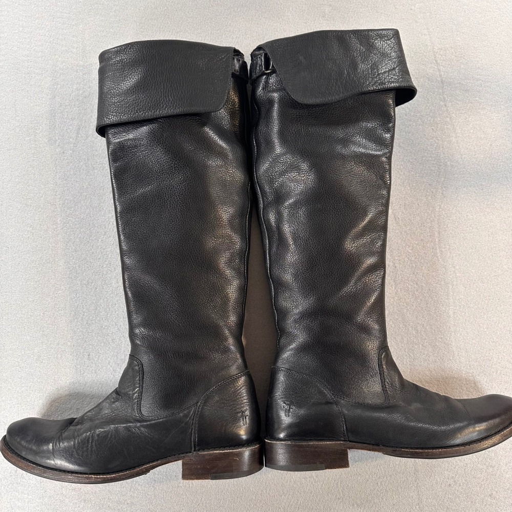 Frye Melissa‎ Shirley OTK Black Leather Cuffed Riding Campus Boots Zip Womens 6